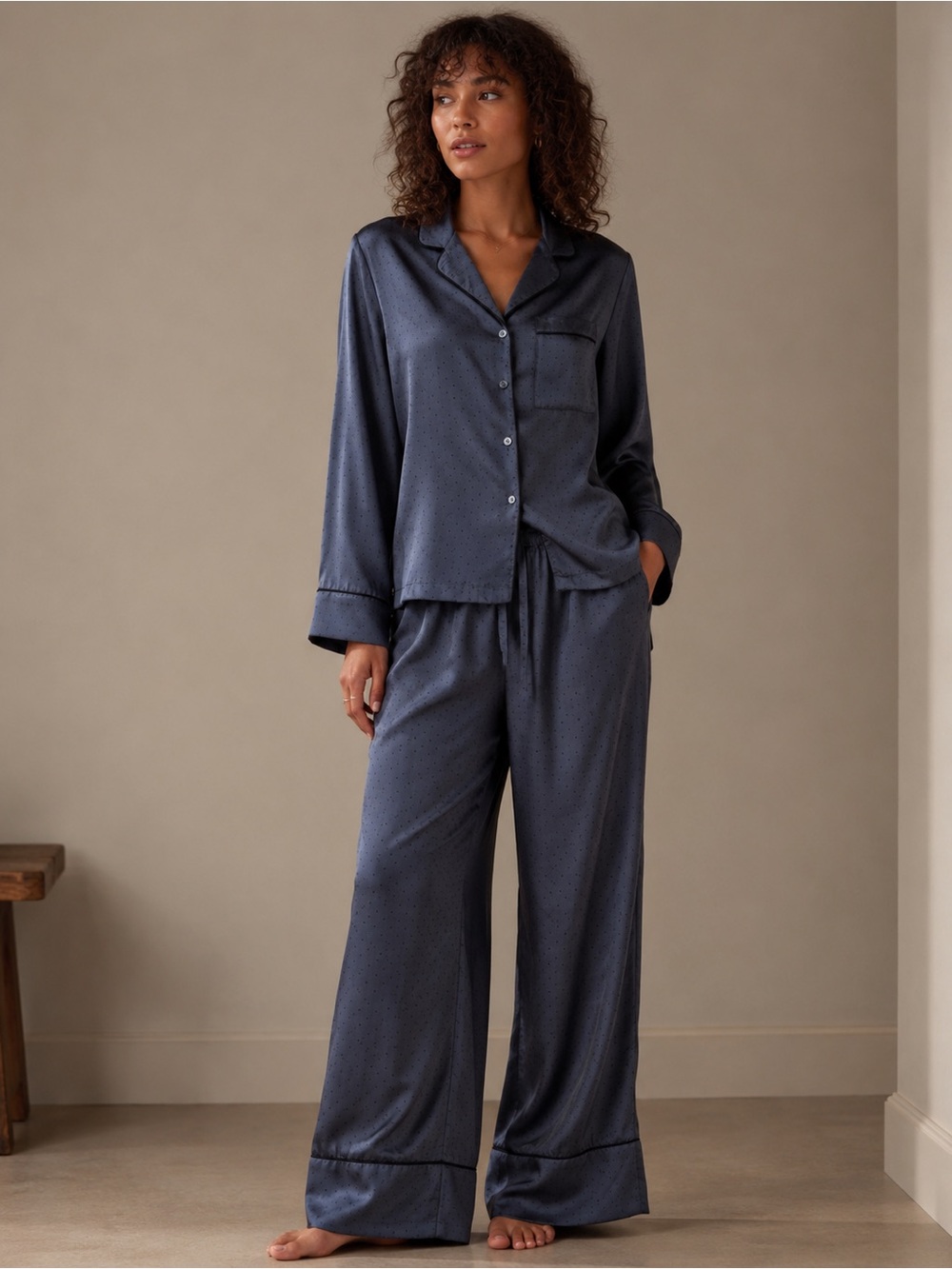 New H&M Silky Satin Gray  w/Black Piping  and Polka dots Pajama Set size M